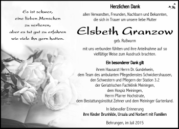 Traueranzeige von Elsbeth Granzow von Südthüringer Presse