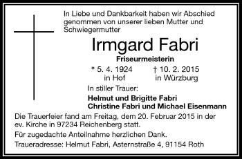 Traueranzeige von Irmgard Fabri von Frankenpost