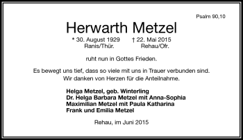 Traueranzeige von Herwarth Metzel von Frankenpost