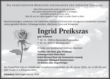 Traueranzeige von Ingrid Preikszas von Südthüringer Presse
