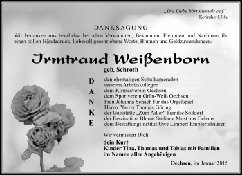 Traueranzeige von Irmtraud Weißenborn von Südthüringer Presse