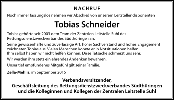 Traueranzeige von Tobias Schneider von Südthüringer Presse