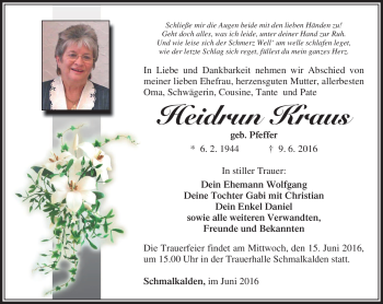 Traueranzeige von Heidrun Kraus von Südthüringer Presse