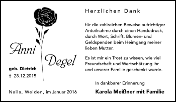 Traueranzeige von Anni Degel von Frankenpost