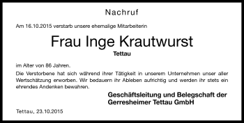 Traueranzeige von Inge Krautwurst von Neue Presse Coburg