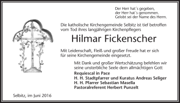 Traueranzeige von Hilmar Fickenscher von Frankenpost