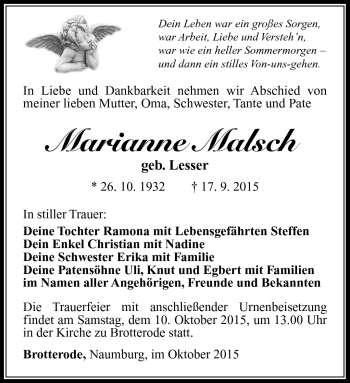 Traueranzeige von Marianne Malsch von Südthüringer Presse