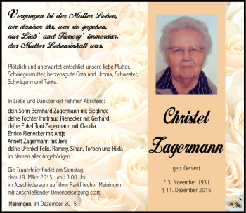 Traueranzeige von Christel Zagermann von Südthüringer Presse