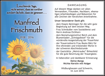 Traueranzeige von Manfre Frischmuth von Südthüringer Presse