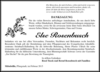 Traueranzeige von Else Rosenbusch von Südthüringer Presse
