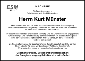Traueranzeige von Kurt Münster von Frankenpost