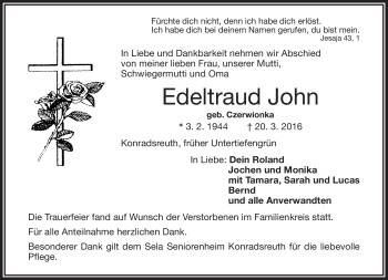 Traueranzeige von Edeltraud John von Frankenpost