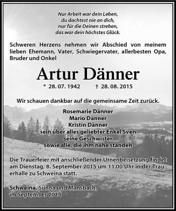 Traueranzeige von Artur Dänner von Südthüringer Presse