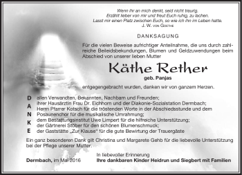 Traueranzeige von Käthe Rether von Südthüringer Presse