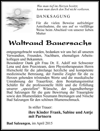 Traueranzeige von Waltraud Bauersachs von Südthüringer Presse