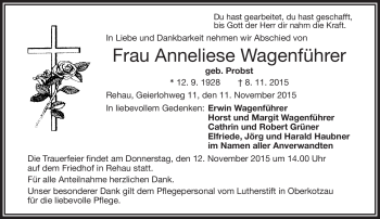 Traueranzeige von Anneliese Wagenführer von Frankenpost