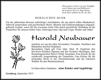 Traueranzeige von Harald Neubauer von Südthüringer Presse