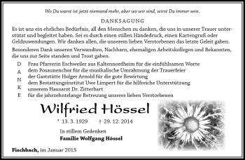Traueranzeige von Wilfried Hössel von Südthüringer Presse