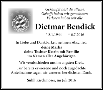 Traueranzeige von Dietmar Bendick von Südthüringer Presse