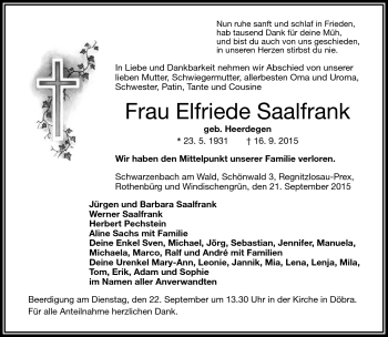 Traueranzeige von Elfriede Saalfrank von Frankenpost
