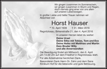 Traueranzeige von Horst Hauser von Frankenpost