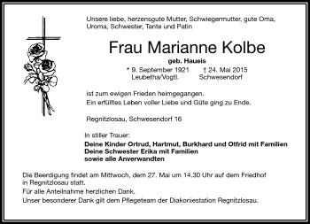 Traueranzeige von Marianne Kolbe von Frankenpost