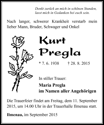 Traueranzeige von Kurt Pregla von Südthüringer Presse