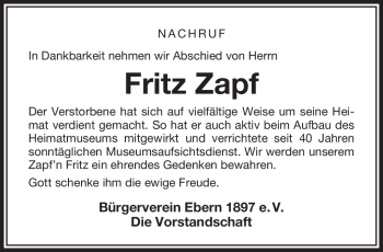 Traueranzeige von Fritz Zapf von Neue Presse Coburg