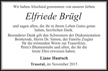 Traueranzeige von Elfriede Brügl von Südthüringer Presse