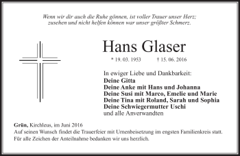 Traueranzeige von Hans Glaser von Neue Presse Coburg