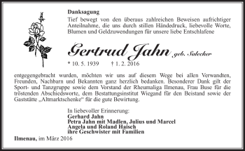 Traueranzeige von Gertrud Jahn von Südthüringer Presse