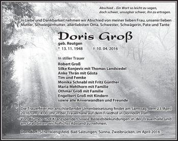 Traueranzeige von Doris Groß von Südthüringer Presse