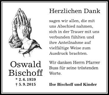 Traueranzeige von Oswald Bischoff von Südthüringer Presse
