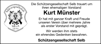 Traueranzeige von Kurt Münster von Frankenpost