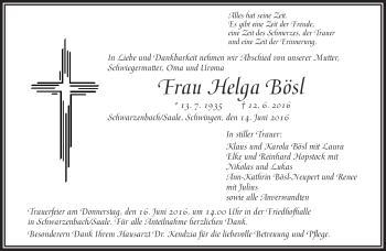 Traueranzeige von Helga Bösl von Frankenpost
