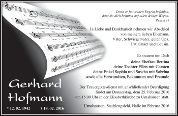 Traueranzeige von Gerhard Hofmann von Südthüringer Presse
