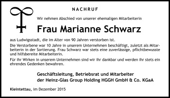 Traueranzeige von Marianne Schwarz von Neue Presse Coburg