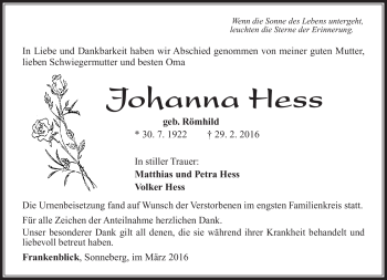 Traueranzeige von Johanna Hess von Südthüringer Presse