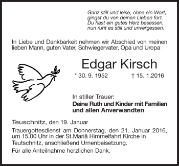Traueranzeige von Edgar Kirsch von Neue Presse Coburg