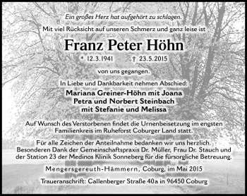 Traueranzeige von Franz Peter Höhn von Neue Presse Coburg