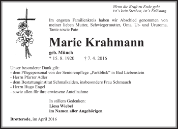 Traueranzeige von Marie Krahmann von Südthüringer Presse