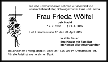 Traueranzeige von Frieda Wölfel von Frankenpost
