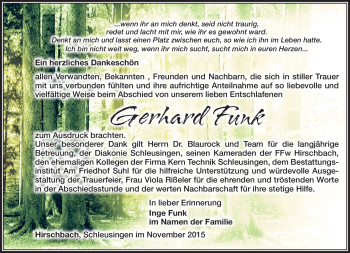Traueranzeige von Gerhard Funk von Südthüringer Presse