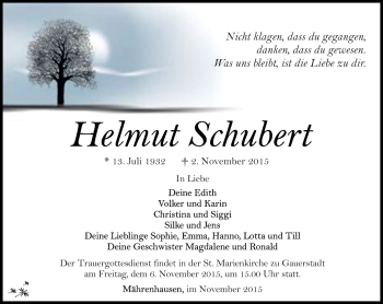 Traueranzeige von Helmut Schubert von Südthüringer Presse