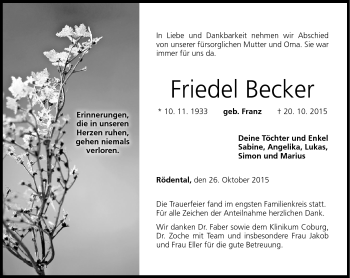 Traueranzeige von Friedel Becker von Neue Presse Coburg