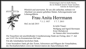 Traueranzeige von Anita Herrmann von Frankenpost