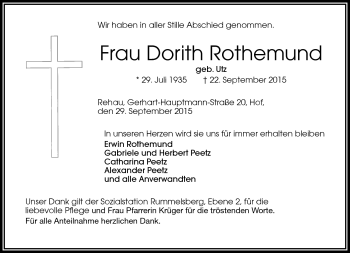 Traueranzeige von Dorith Rothemund von Frankenpost