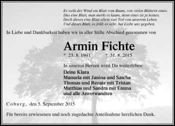 Traueranzeige von Armin Fichte von Neue Presse Coburg