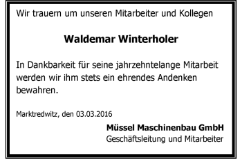 Traueranzeige von Winterholer Waldemar von Frankenpost