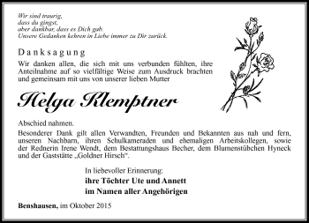 Traueranzeige von Helga Klemptner von Südthüringer Presse